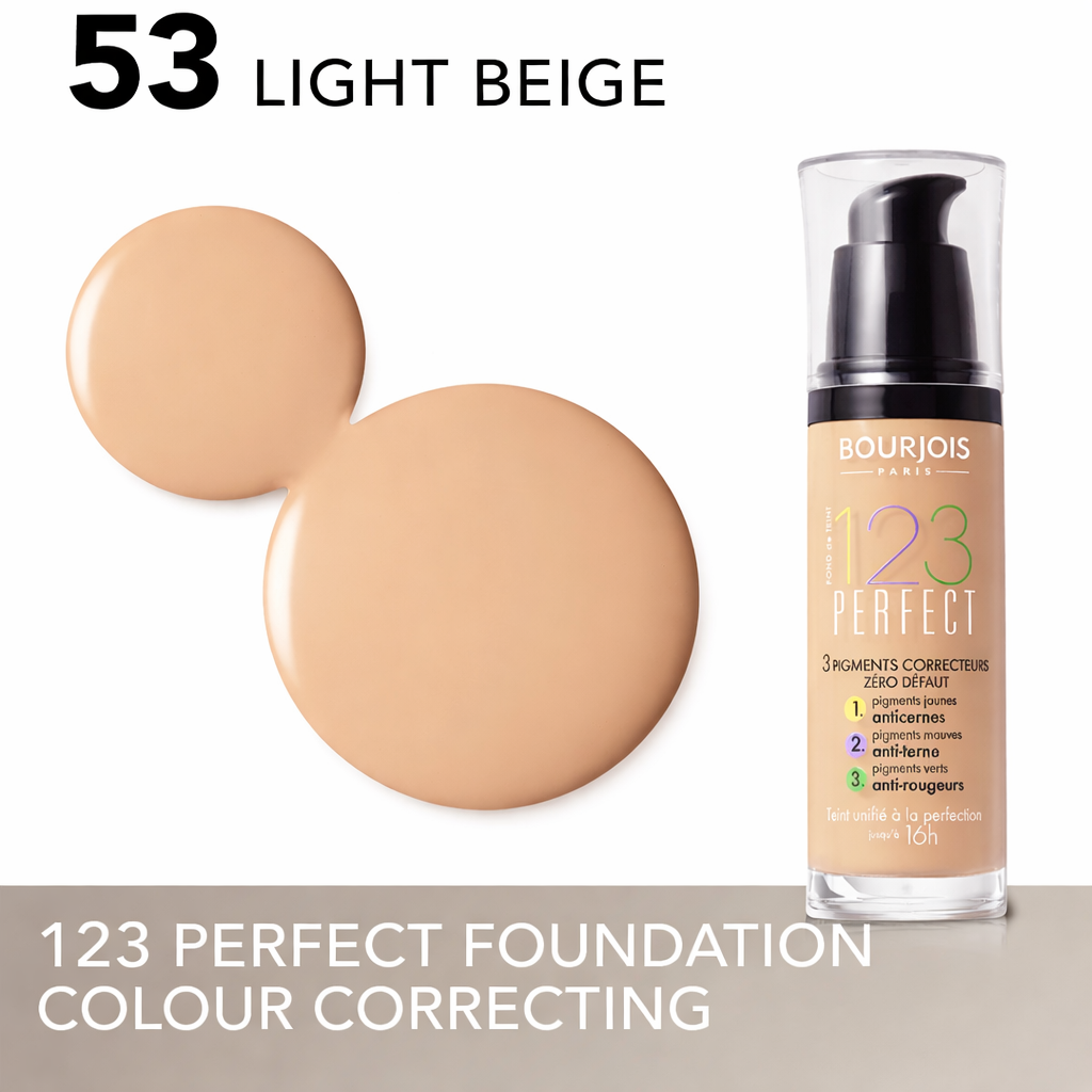 Bourjois 123 Perfect foundation bottle with color swatches on a white background