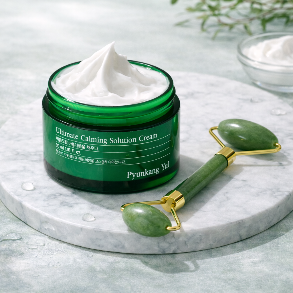 Green jar of Pyunkang Yul Ultimate Calming Solution Cream with a jade roller on a marble surface.