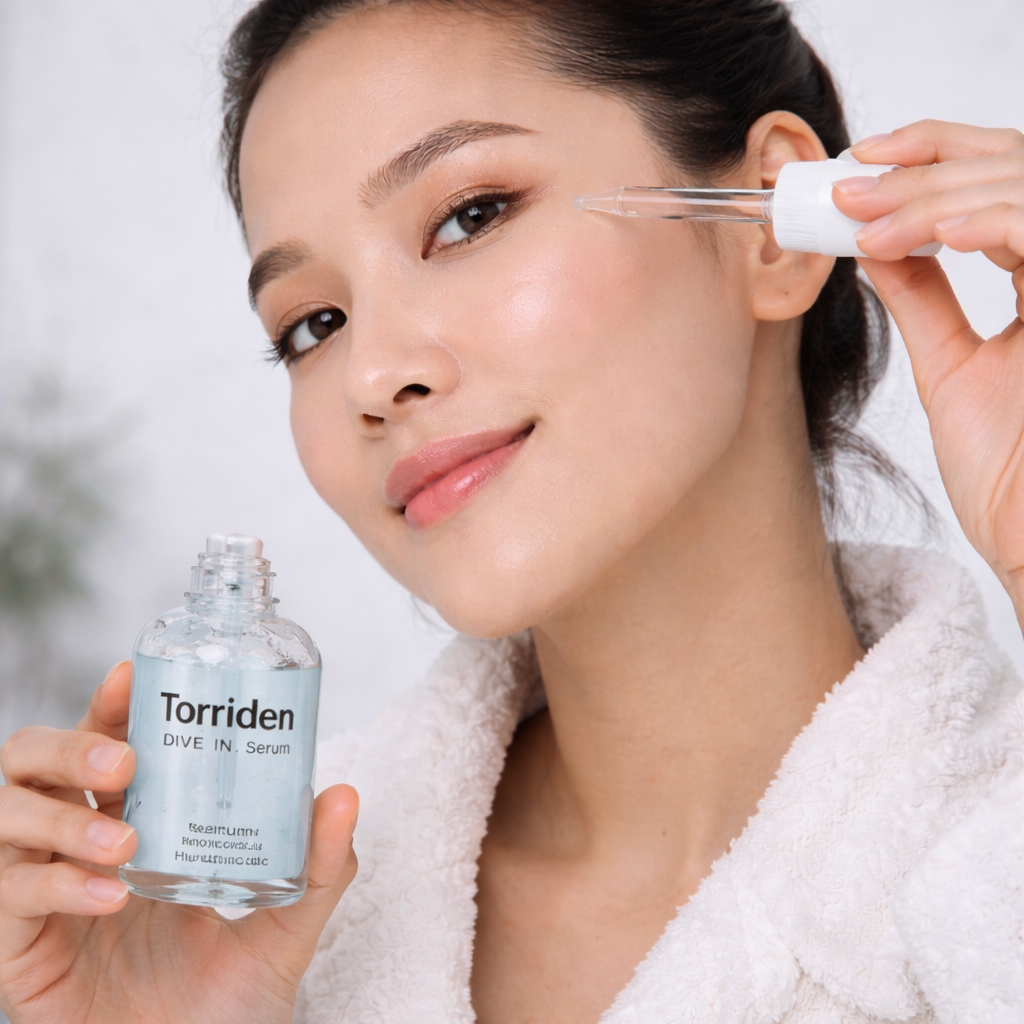 Woman applying Torriden serum to her face with a dropper.