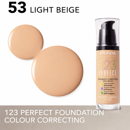 Bourjois 123 Perfect foundation bottle with color swatches on a white background