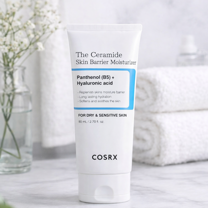 Cosrx Ceramide Skin Barrier Moisturizer tube on a neutral background