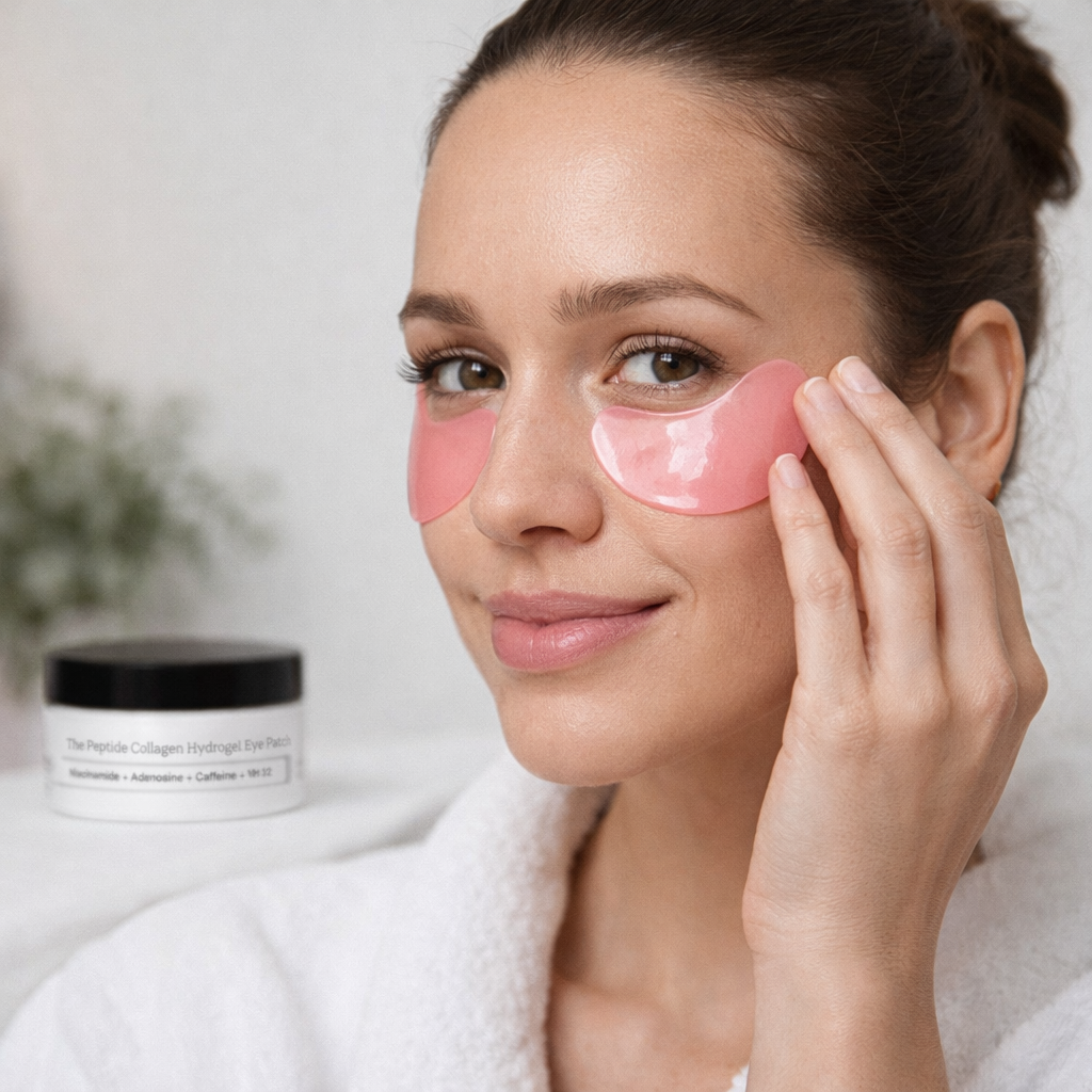 Woman applying pink eye masks to her eyes with a jar of cream in the background.