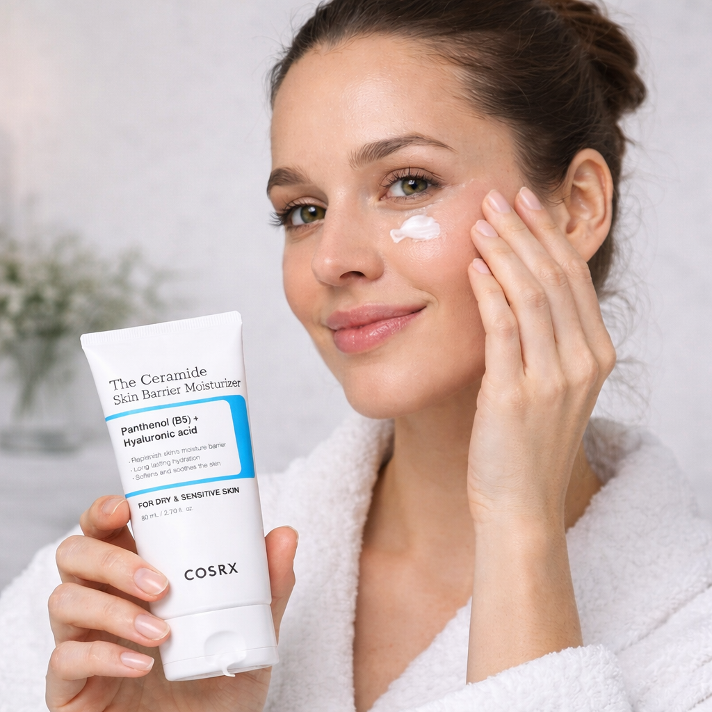 Woman applying cream to her face with a Cosrx product in the foreground