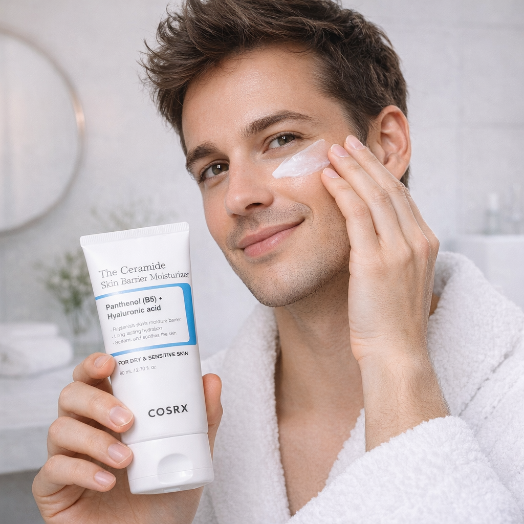 Man applying skincare product to his face with aCosrx tube in hand, in a bathroom setting.
