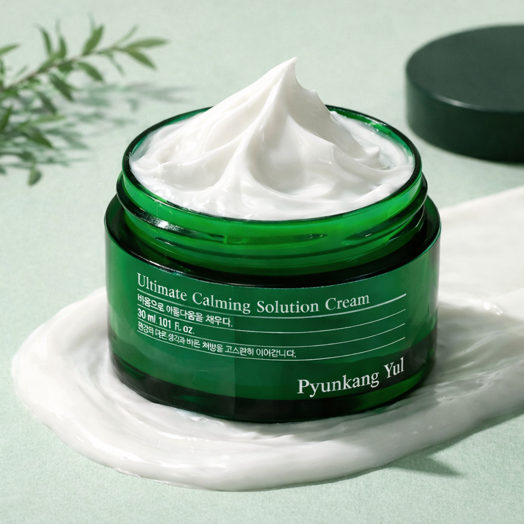 Green jar of Pyunkang Yul Ultimate Calming Solution Cream with white cream on a light green background
