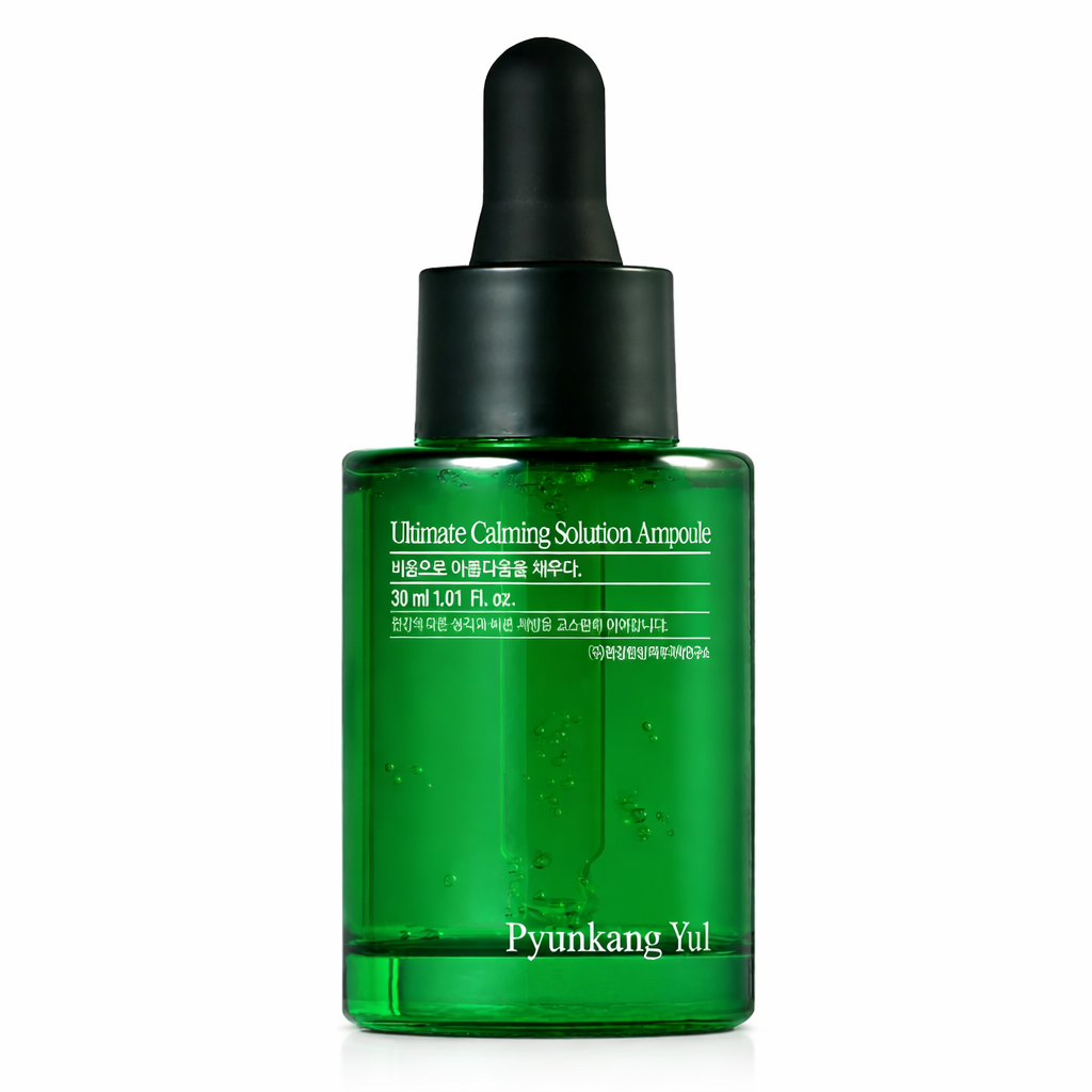 Green ampoule bottle with dropper labeled 'Pyunkang Yul' on a white background