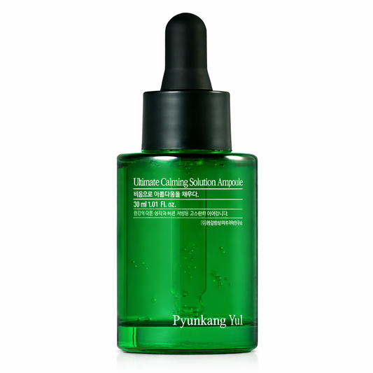 Green ampoule bottle with dropper labeled 'Pyunkang Yul' on a white background