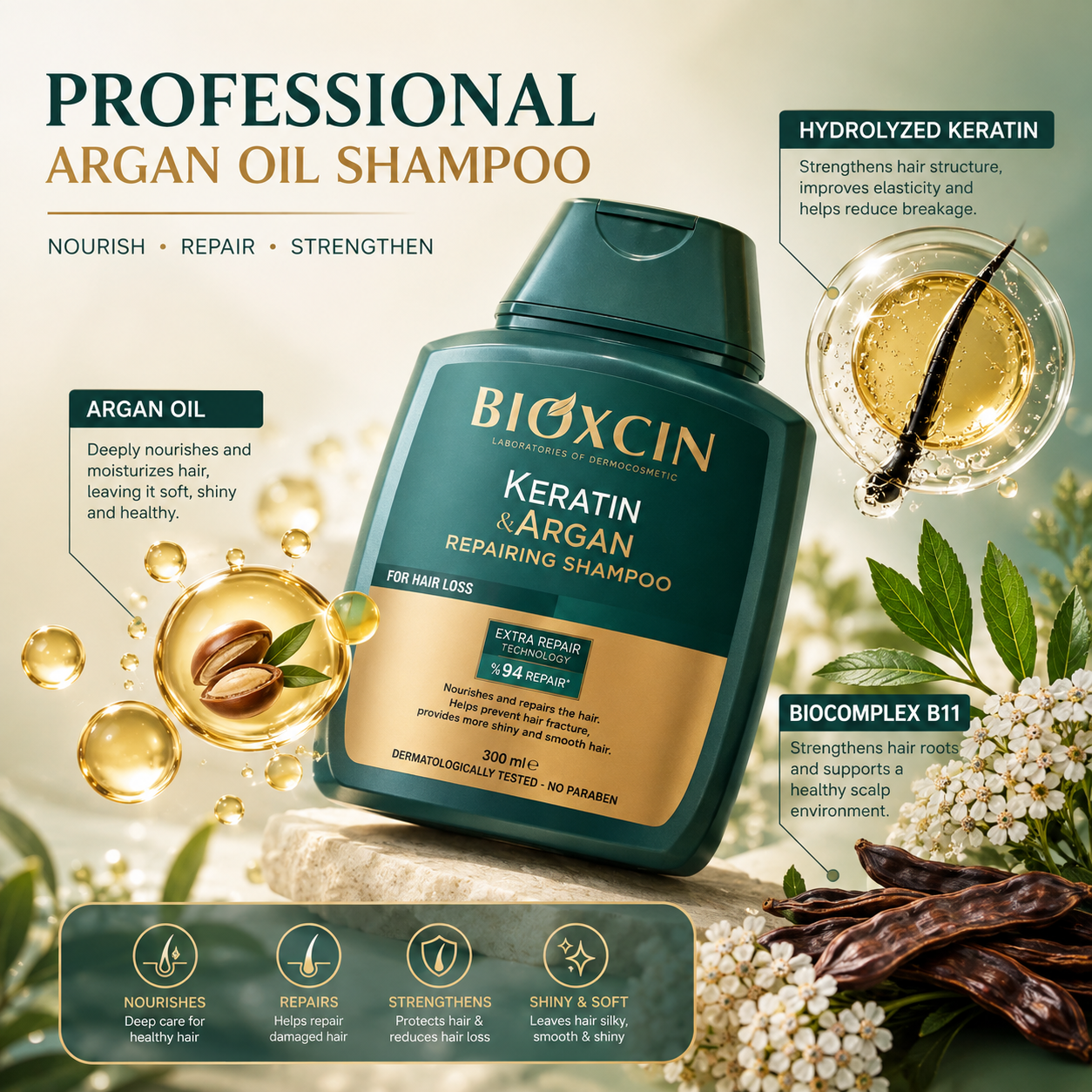 Bioxcin Keratin & Argan Repair Shampoo 300ml