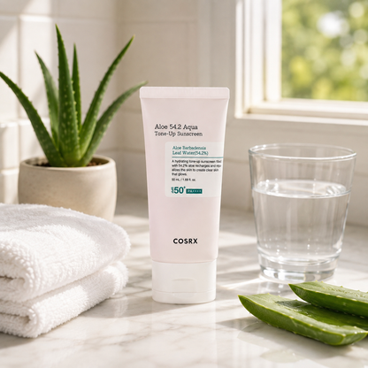 A tube of COSRX Aloe 54.2 Aqua Tose-By-COSRX Tote-Dip Sunscreen stands on a marble surface in a bright bathroom setting, surrounded by a folded white towel, a potted aloe plant, a glass of water, and aloe slices.