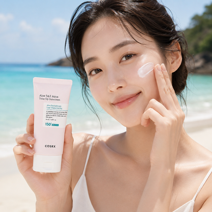 A woman on a sunny beach holds a tube of COSRX Aloe 142 Aqua True-Glow Intensive Sun Protection Factor 150 sunscreen while applying cream to her face.