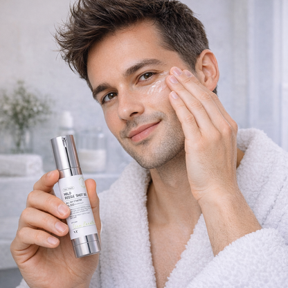 Man applying skincare product to his face with a bottle in a bathroom setting