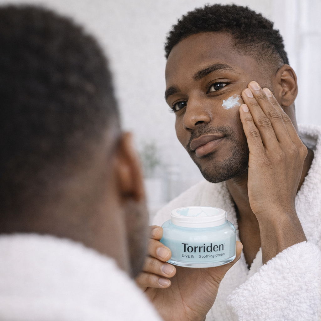 Man applying cream to his face with a jar of Torriden cream in hand.