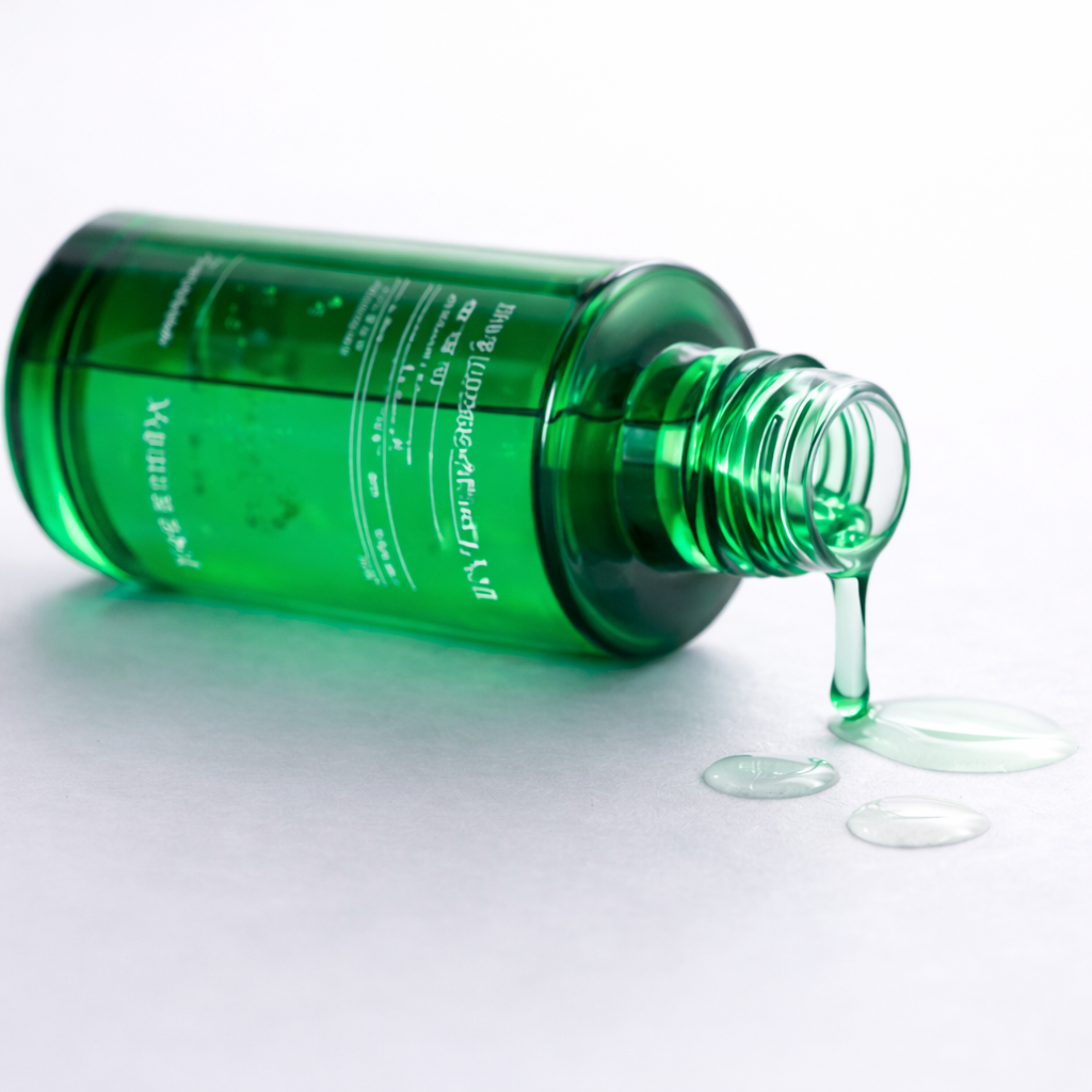 Green bottle with dropper on a white background