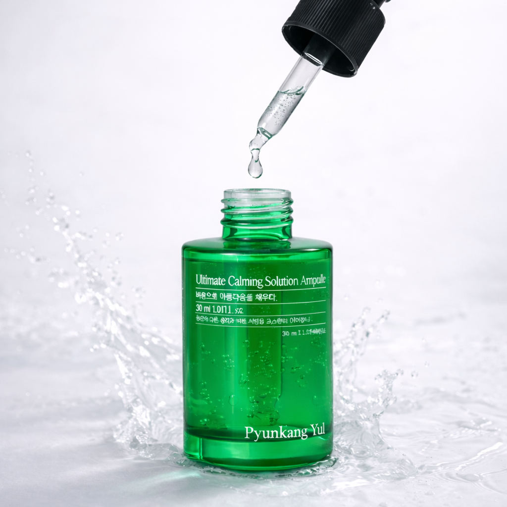 Green bottle of Pyunkang Yul Ultimate Calming Solution Ampoule with dropper on a white background