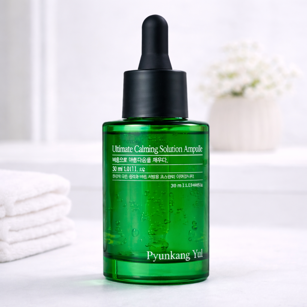 Green skincare ampoule bottle with dropper on a white background