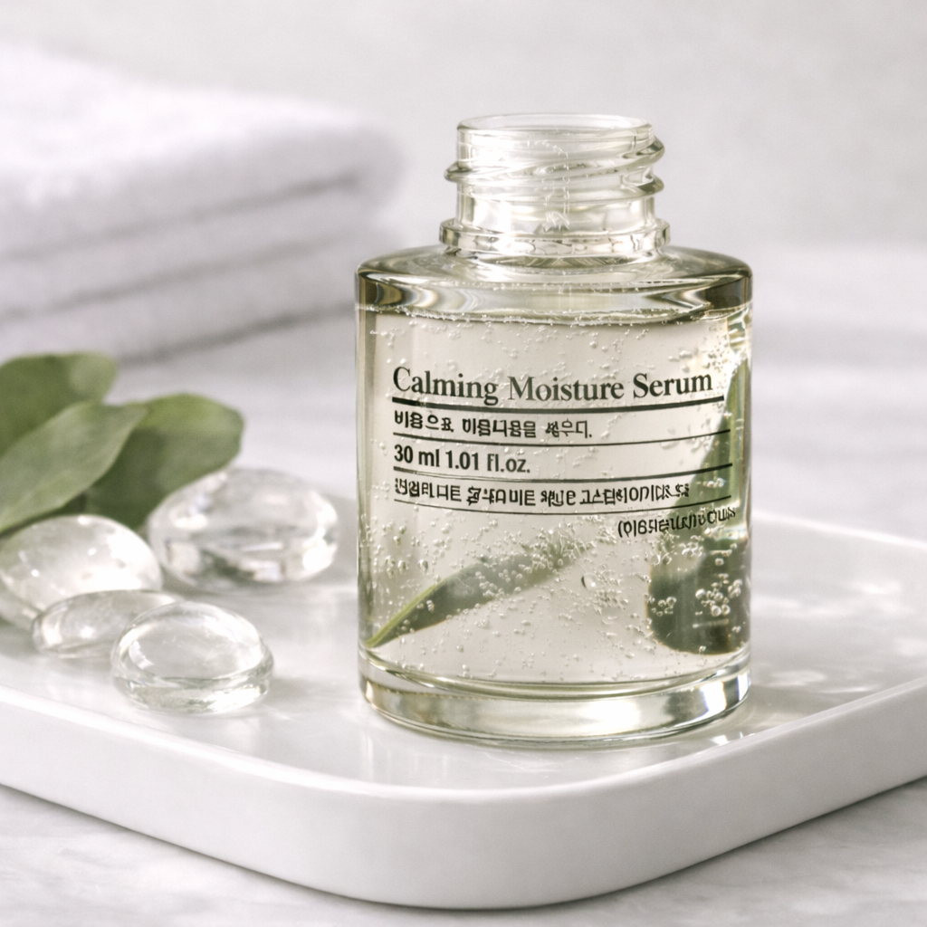 PKY Calming moisture serum bottle on a white surface with green leaves