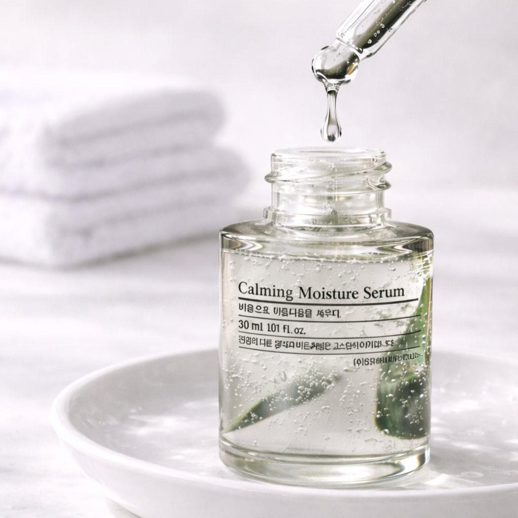 Calming moisture serum bottle with dropper on a white background