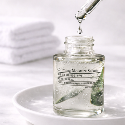 Calming moisture serum bottle with dropper on a white background