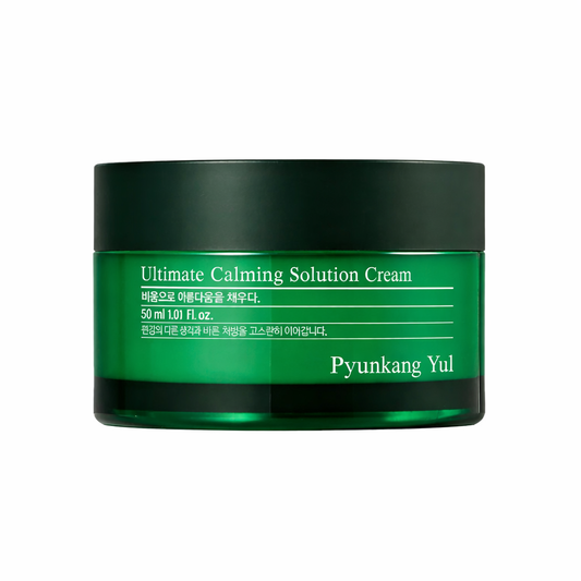 Green jar of Pyunkang Yul Ultimate Calming Solution Cream on a white background