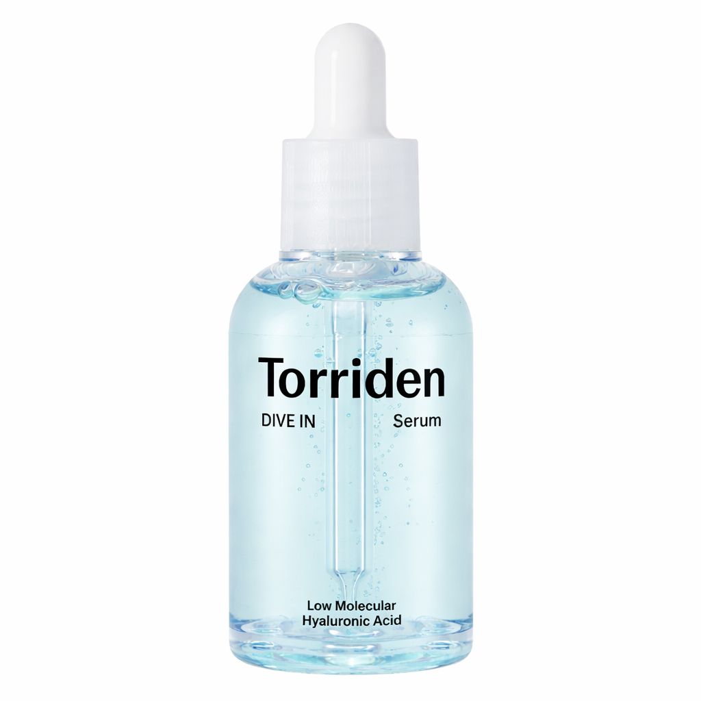 Torriden serum bottle with dropper on a white background