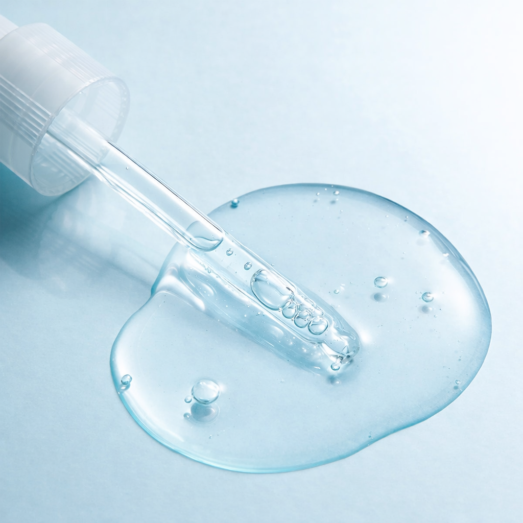 Skincare dropper with clear gel on a light blue background