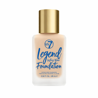 Foundation bottle with gold cap and 'W7 Legend Lasting Wear Foundation' text on a white background