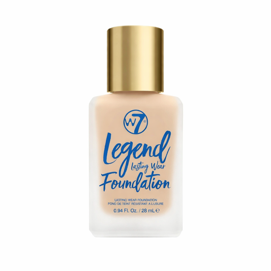 Foundation bottle with gold cap and 'W7 Legend Lasting Wear Foundation' text on a white background