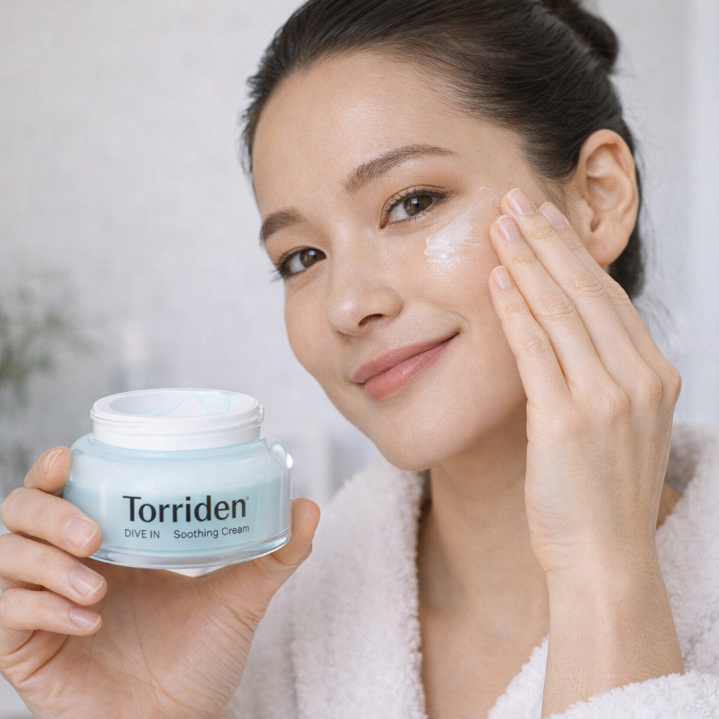 Woman applying Torriden cream to her face with a jar of the product in her hand.