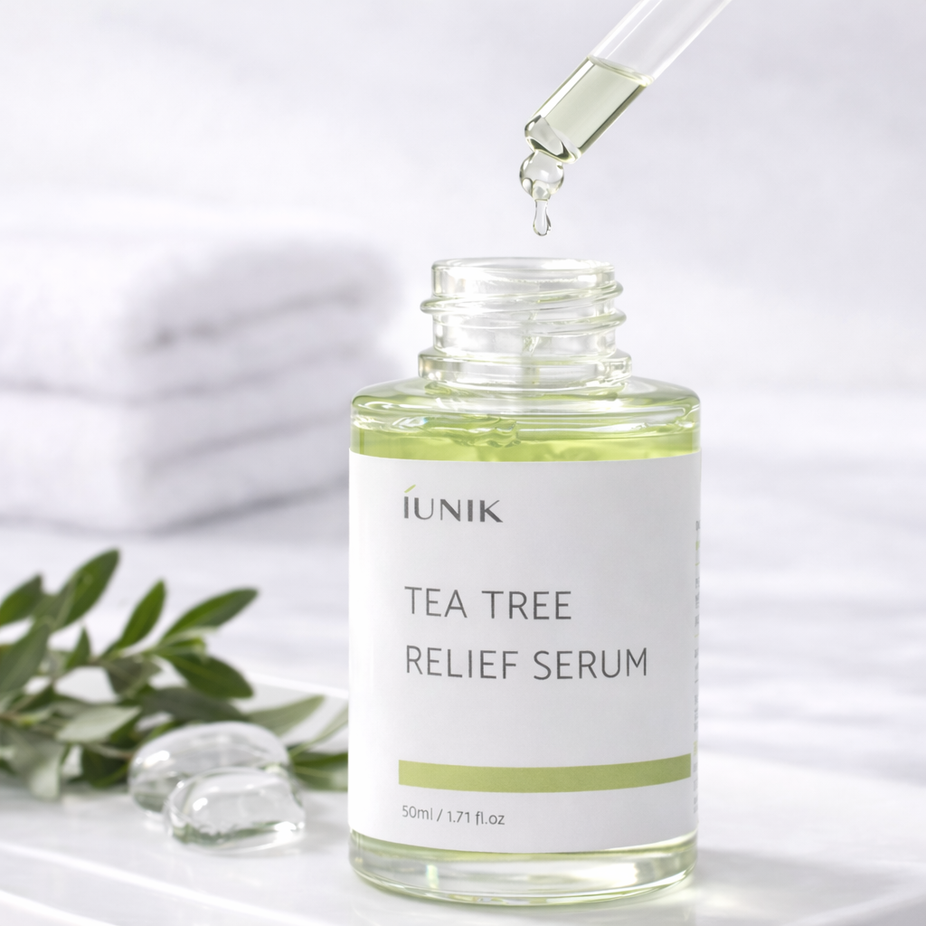 iUNIK Tea tree relief serum bottle with dropper on a white background