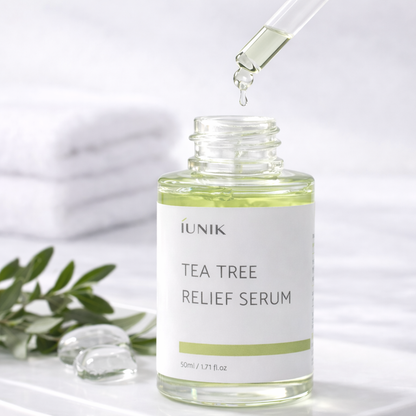 iUNIK Tea tree relief serum bottle with dropper on a white background